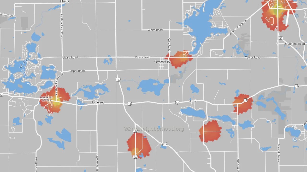 Walk Grade map of Cement City, MI, walkable areas in green and car-dependent areas in red