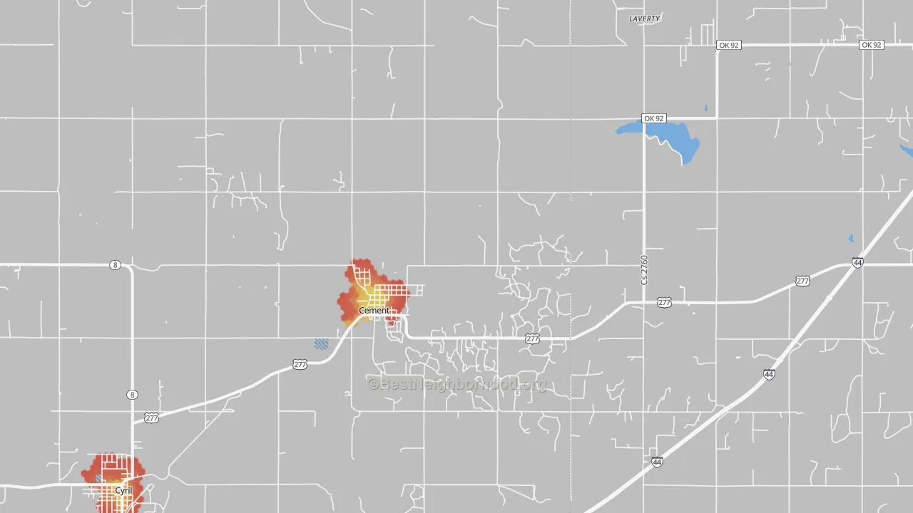 Walk Grade map of Cement, OK, walkable areas in green and car-dependent areas in red
