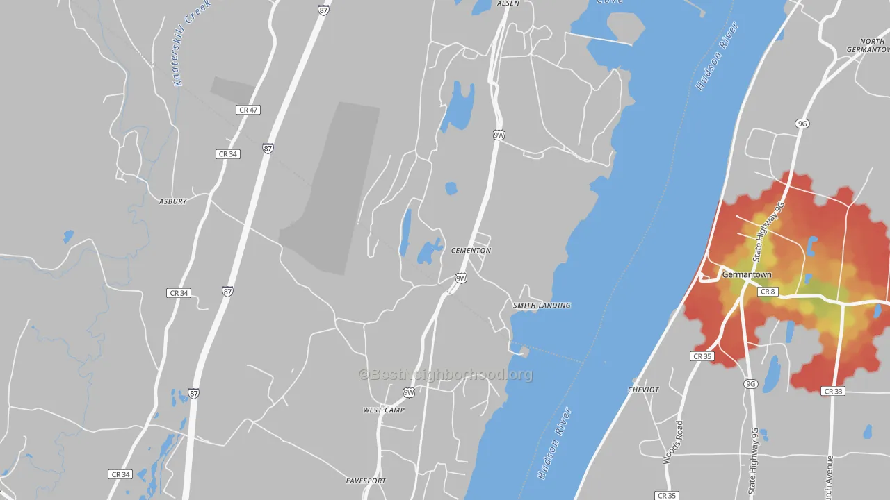 Walk Grade map of Cementon, NY, walkable areas in green and car-dependent areas in red