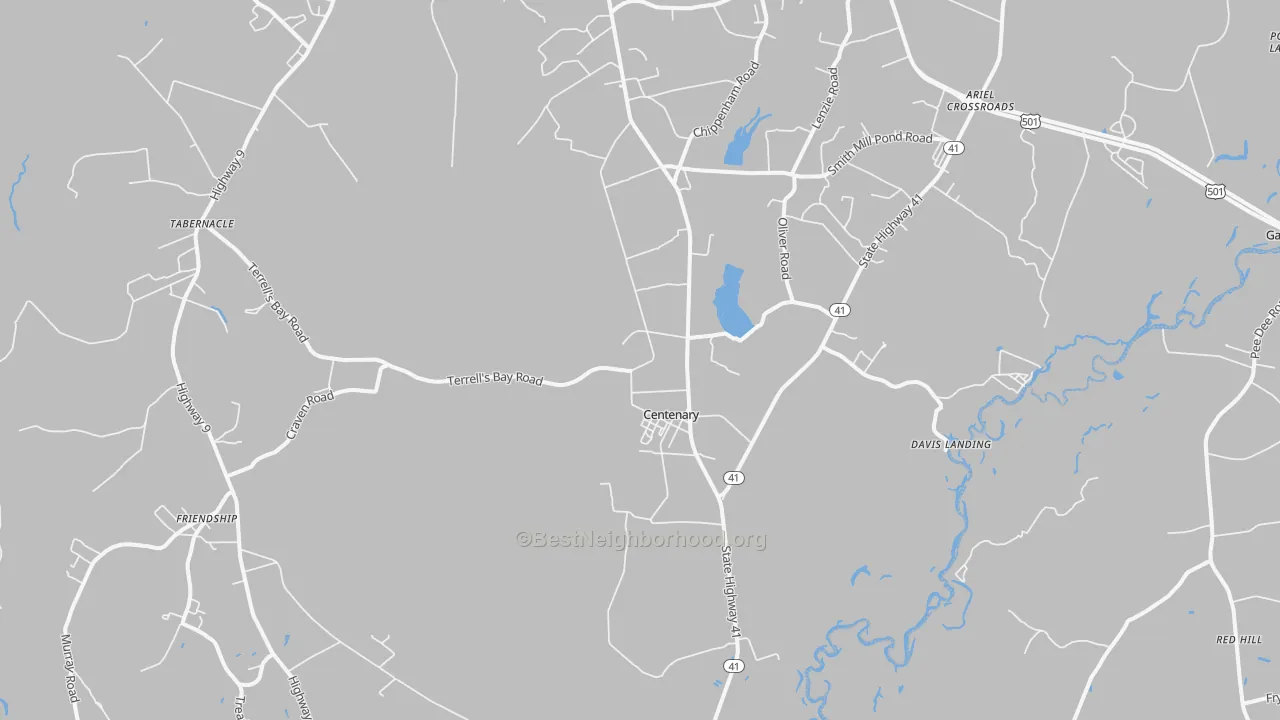 Walk Grade map of Centenary, SC, walkable areas in green and car-dependent areas in red