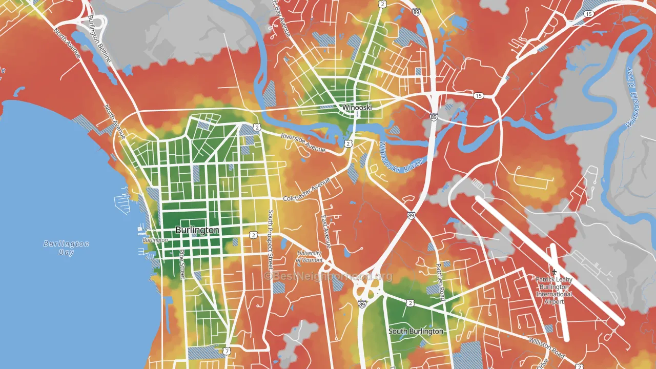 Walk Grade map of Centennial, Burlington, VT, walkable areas in green and car-dependent areas in red