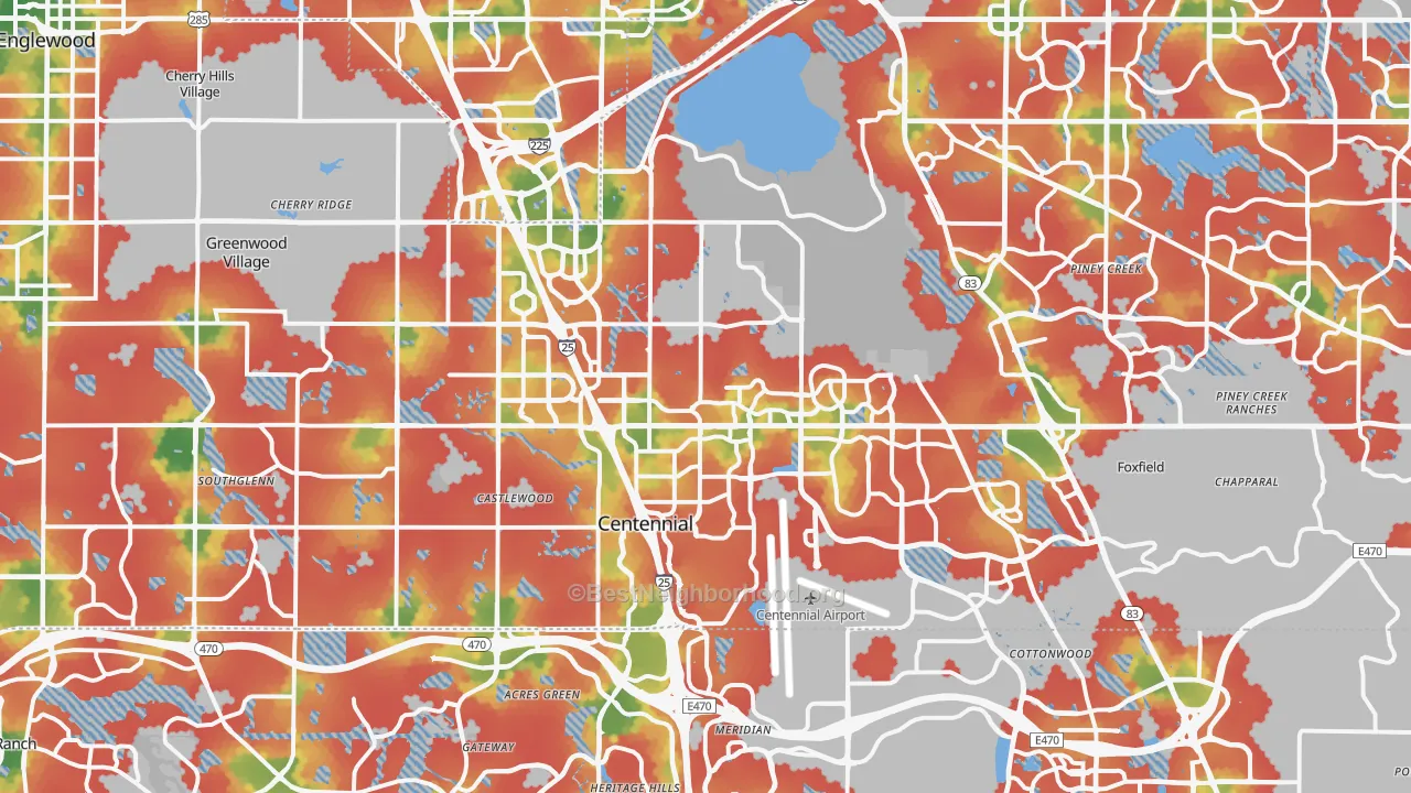Walk Grade map of Centennial, CO, walkable areas in green and car-dependent areas in red