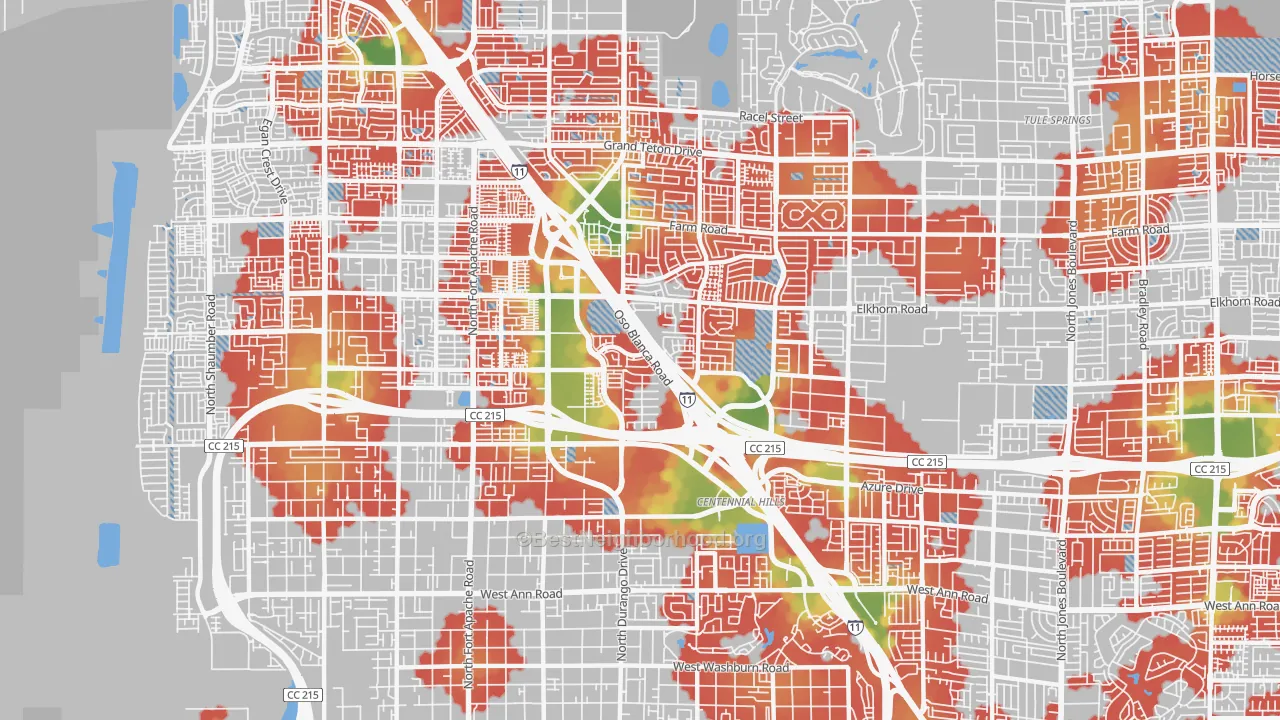 Walk Grade map of Centennial Hills, Las Vegas, NV, walkable areas in green and car-dependent areas in red