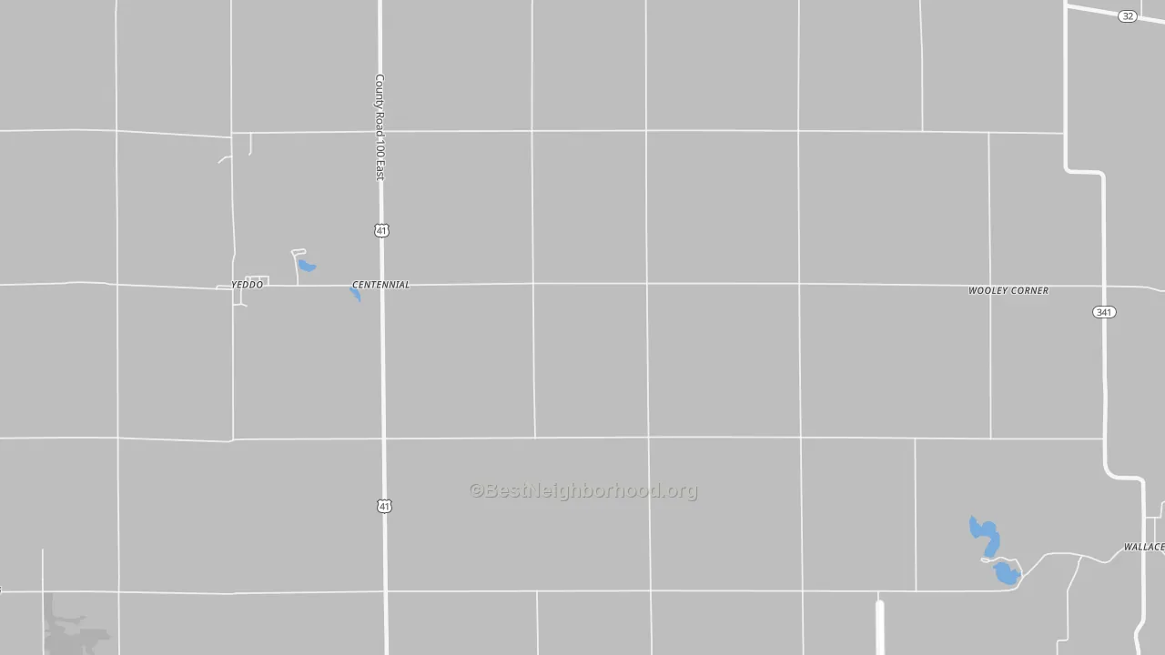 Walk Grade map of Centennial, IN, walkable areas in green and car-dependent areas in red