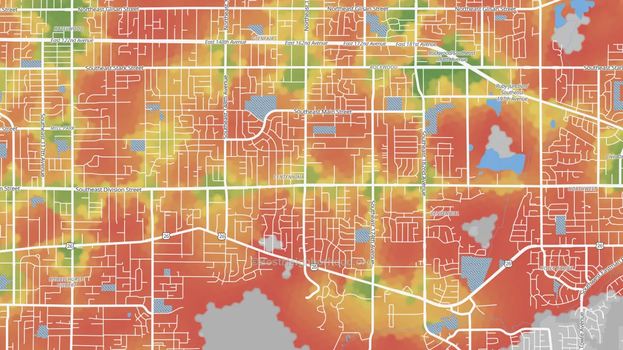 Walk Grade map of Centennial, Portland, OR, walkable areas in green and car-dependent areas in red