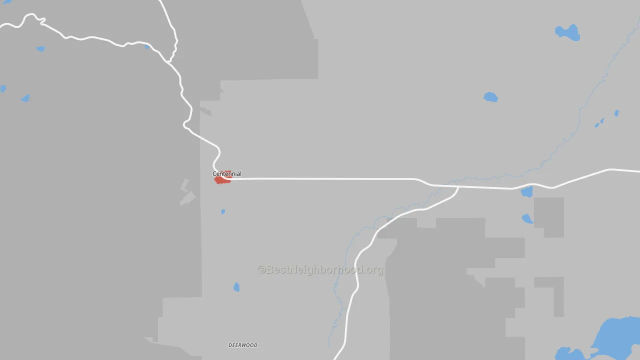 Walk Grade map of Centennial, WY, walkable areas in green and car-dependent areas in red