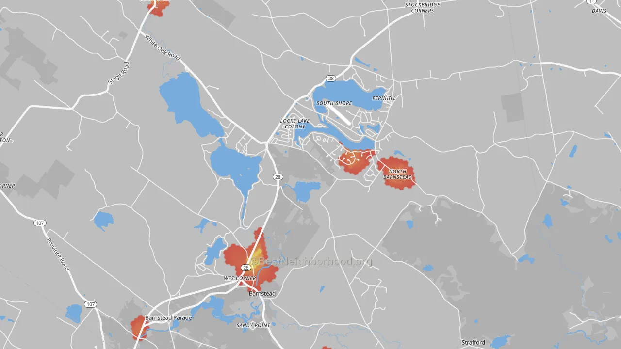 Walk Grade map of Center Barnstead, NH, walkable areas in green and car-dependent areas in red