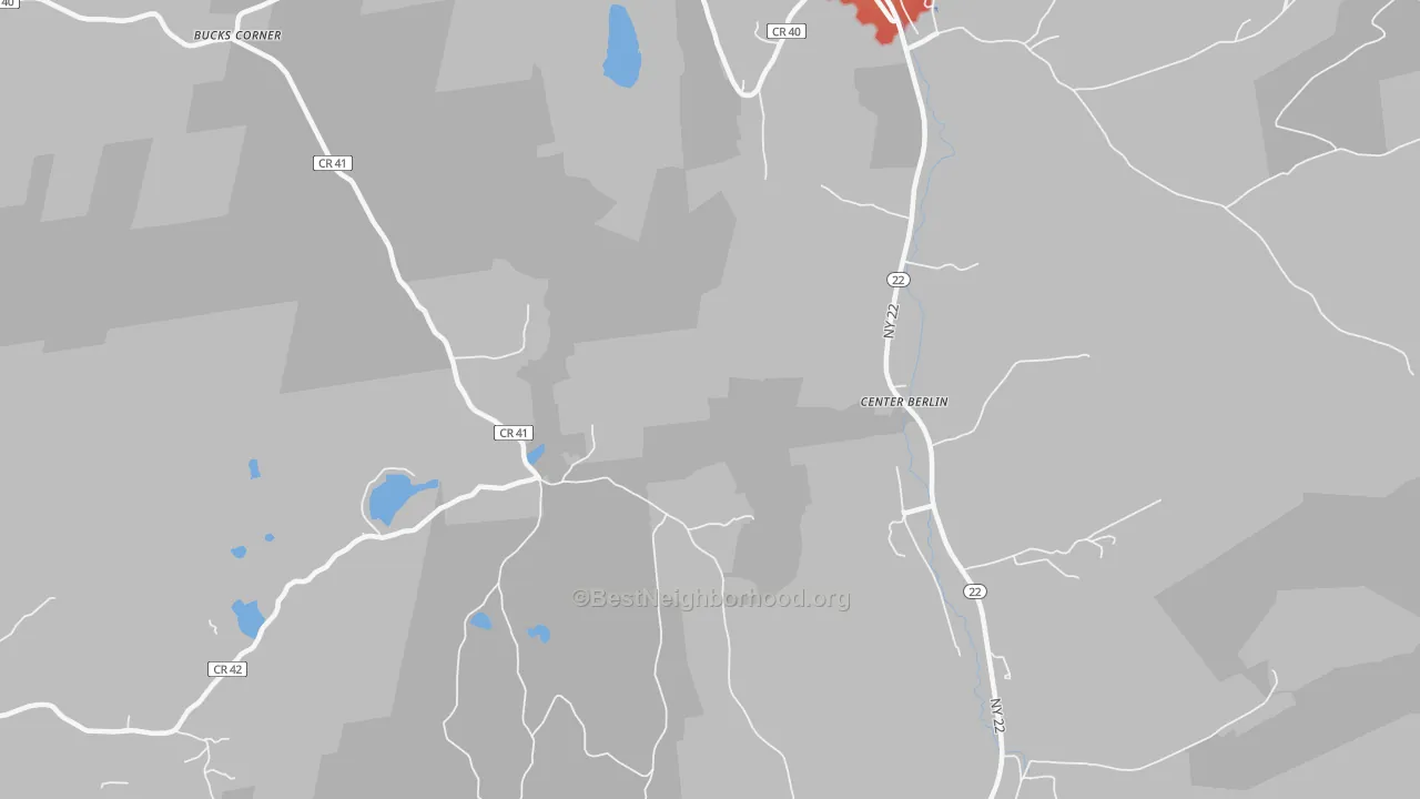 Walk Grade map of Center Berlin, NY, walkable areas in green and car-dependent areas in red