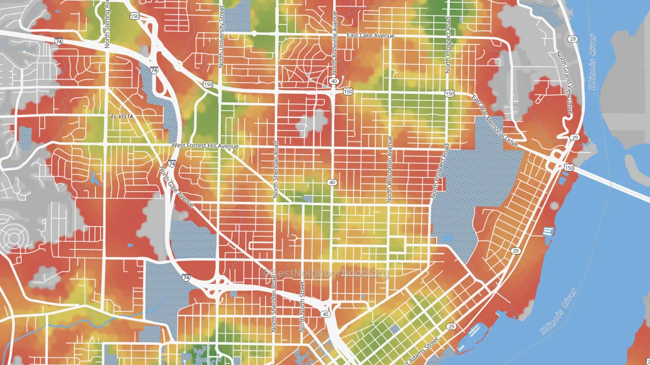Walk Grade map of Center Bluff, Peoria, IL, walkable areas in green and car-dependent areas in red