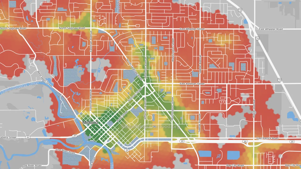 Walk Grade map of Center City, Midland, MI, walkable areas in green and car-dependent areas in red