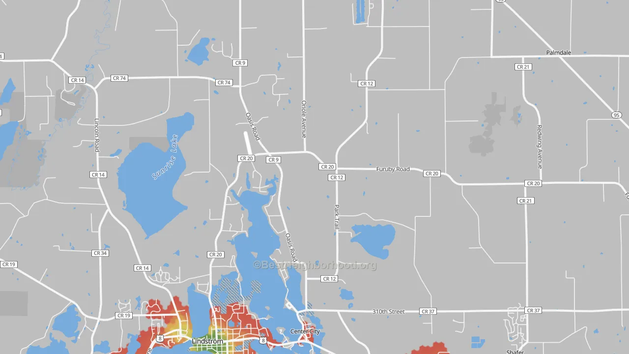 Walk Grade map of Center City, MN, walkable areas in green and car-dependent areas in red