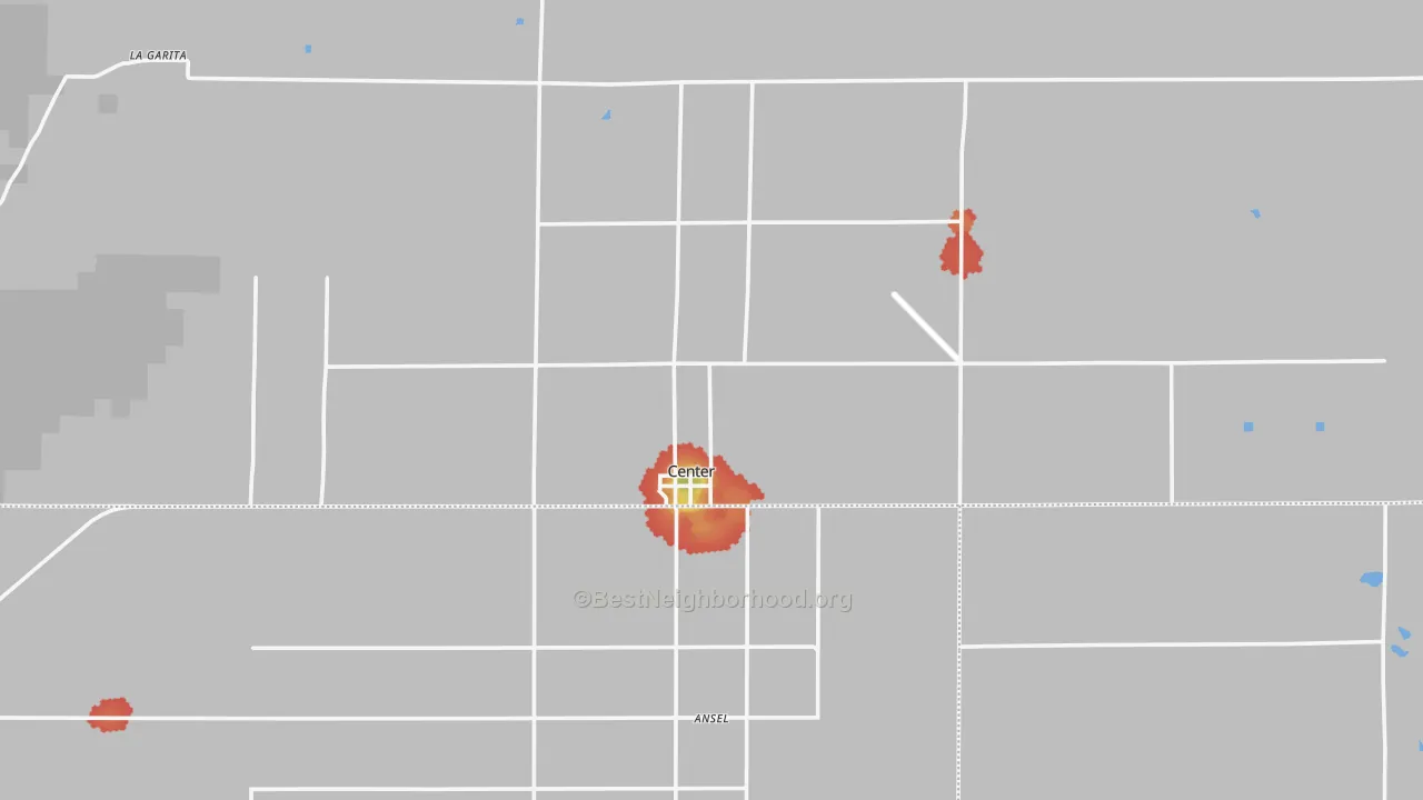 Walk Grade map of Center, CO, walkable areas in green and car-dependent areas in red