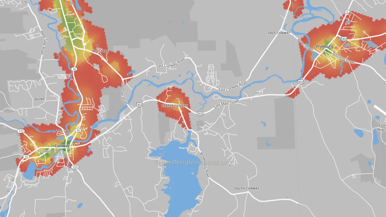 Walk Grade map of Center Conway, NH, walkable areas in green and car-dependent areas in red