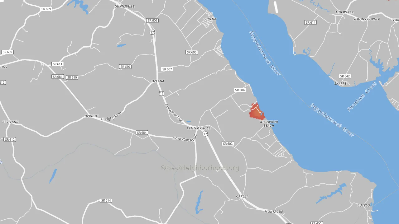 Walk Grade map of Center Cross, VA, walkable areas in green and car-dependent areas in red