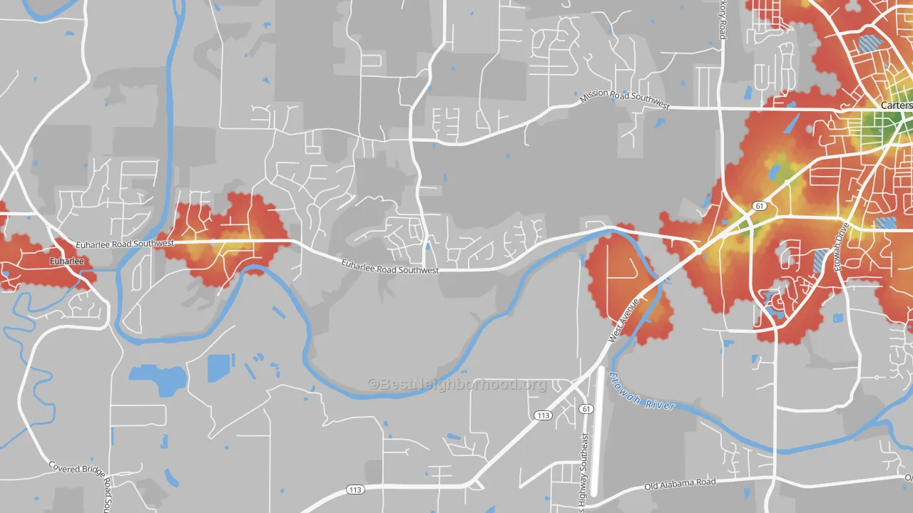 Walk Grade map of Center, GA, walkable areas in green and car-dependent areas in red