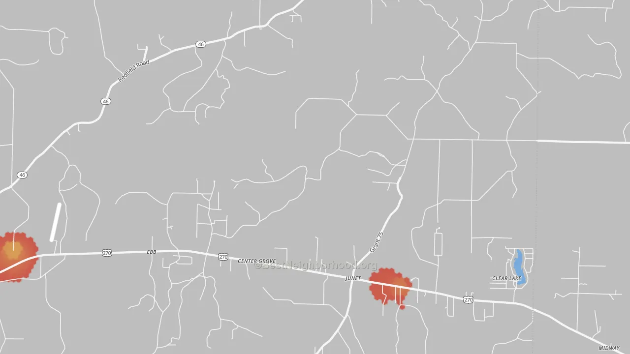 Walk Grade map of Center Grove, AR, walkable areas in green and car-dependent areas in red