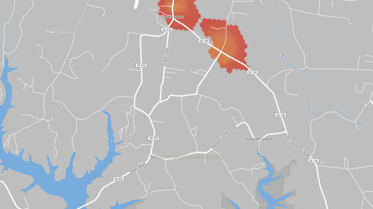 Walk Grade map of Center Grove, TN, walkable areas in green and car-dependent areas in red