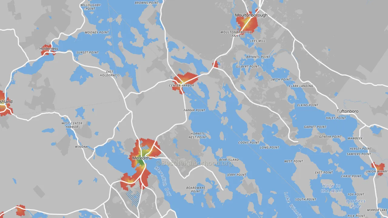 Walk Grade map of Center Harbor, NH, walkable areas in green and car-dependent areas in red