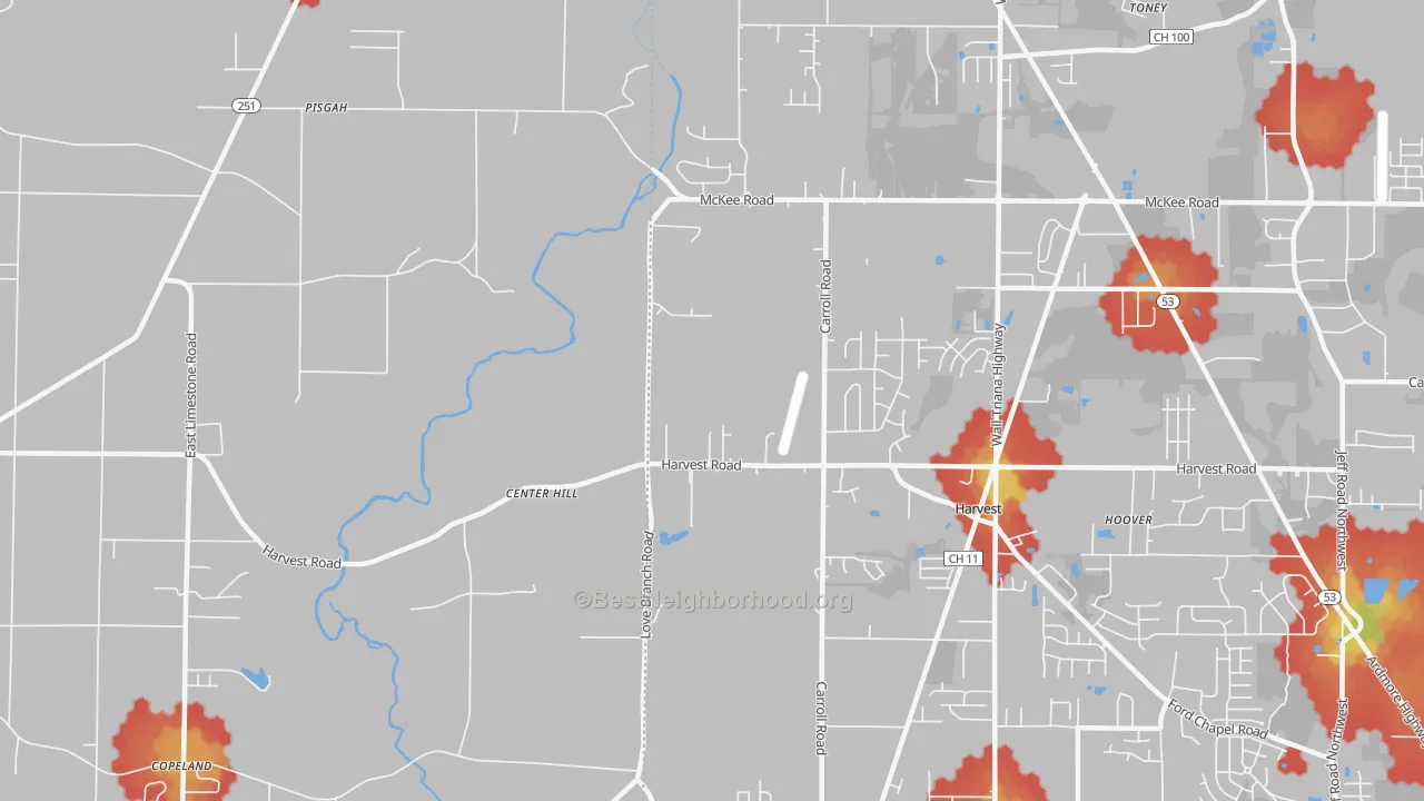 Walk Grade map of Center Hill, AL, walkable areas in green and car-dependent areas in red