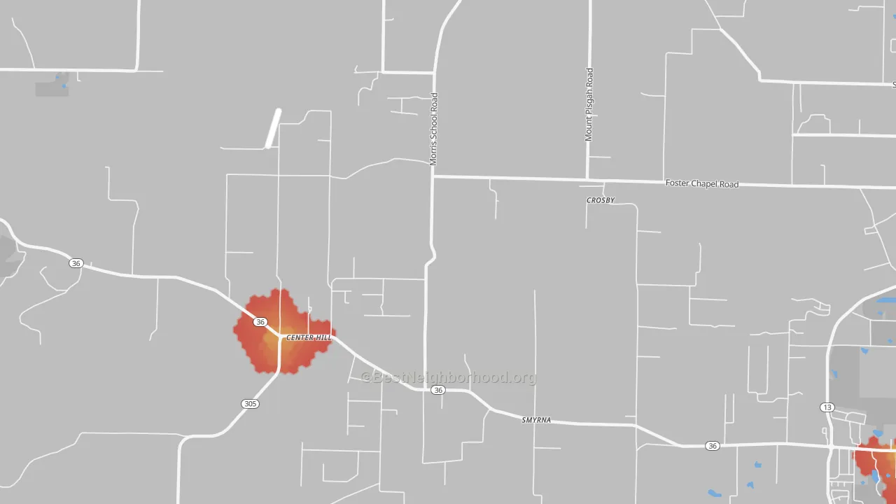 Walk Grade map of Center Hill, AR, walkable areas in green and car-dependent areas in red