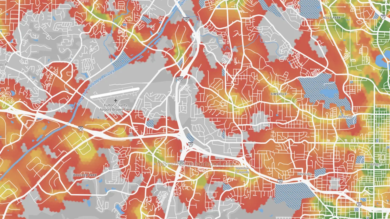 Walk Grade map of Center Hill, Atlanta, GA, walkable areas in green and car-dependent areas in red