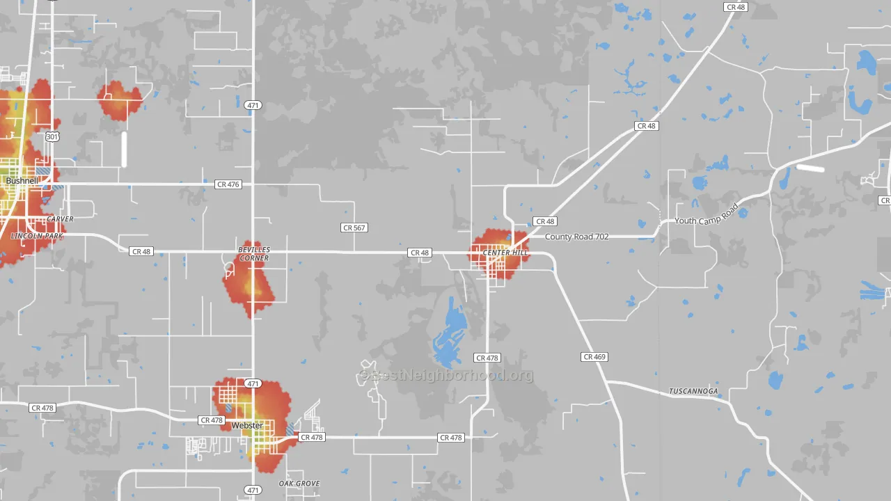 Walk Grade map of Center Hill, FL, walkable areas in green and car-dependent areas in red