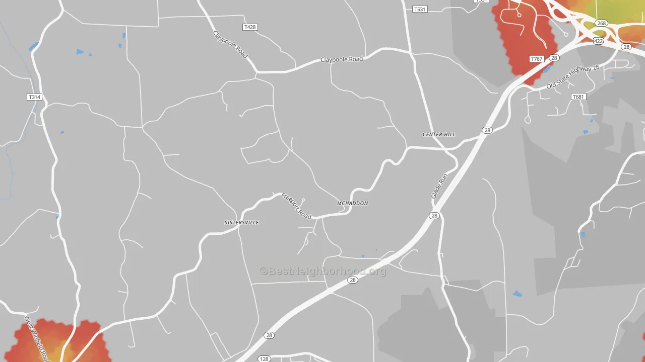 Walk Grade map of Center Hill, PA, walkable areas in green and car-dependent areas in red