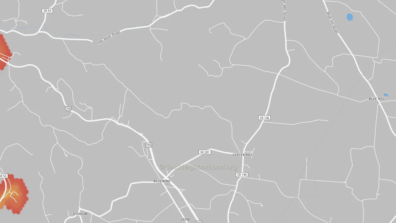 Walk Grade map of Center Hill, TN, walkable areas in green and car-dependent areas in red