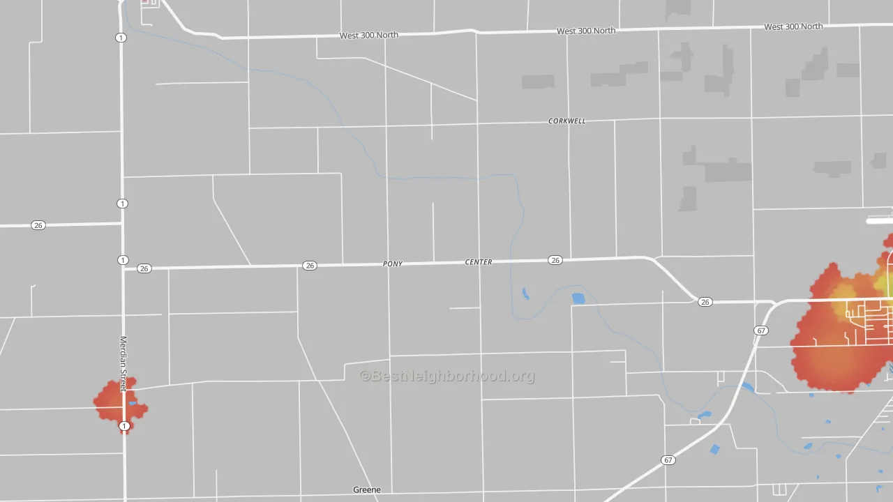 Walk Grade map of Center, IN, walkable areas in green and car-dependent areas in red