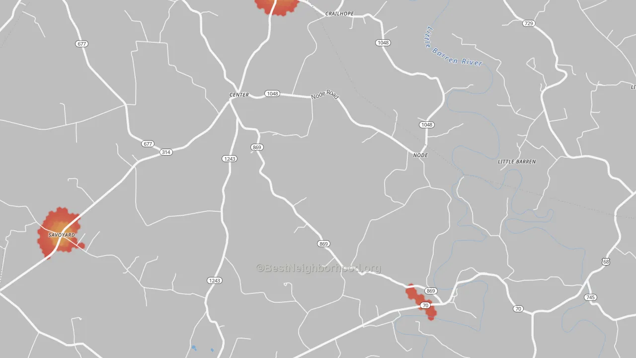 Walk Grade map of Center, KY, walkable areas in green and car-dependent areas in red