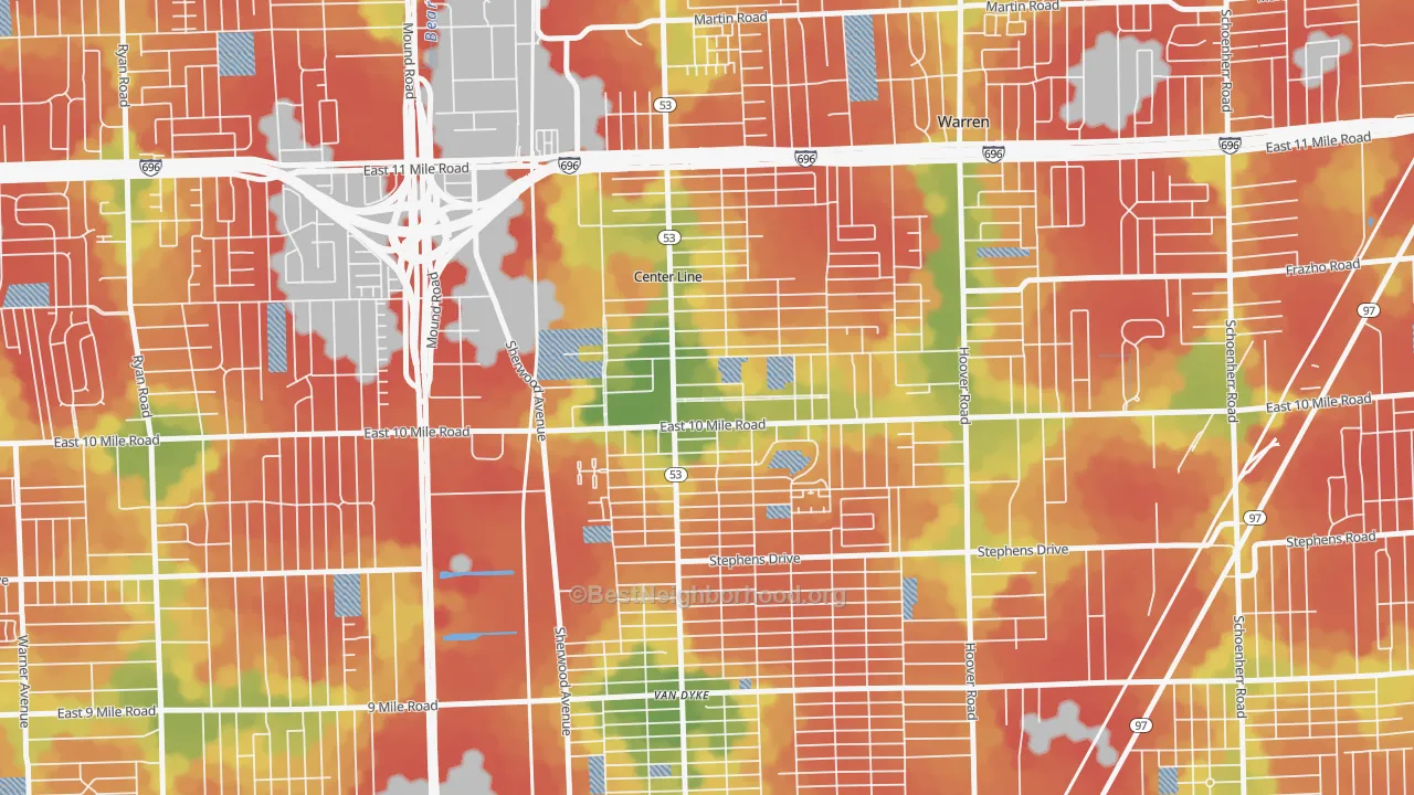 Walk Grade map of Center Line, MI, walkable areas in green and car-dependent areas in red