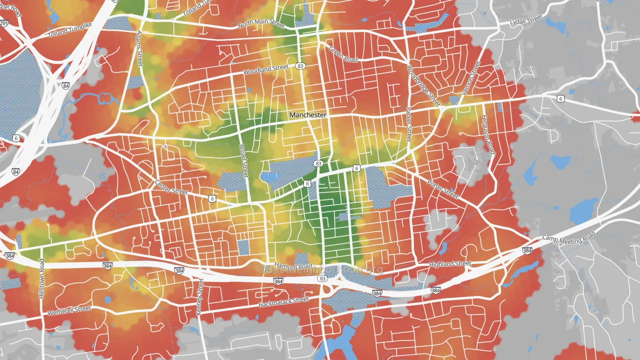 Walk Grade map of Center, Manchester, CT, walkable areas in green and car-dependent areas in red