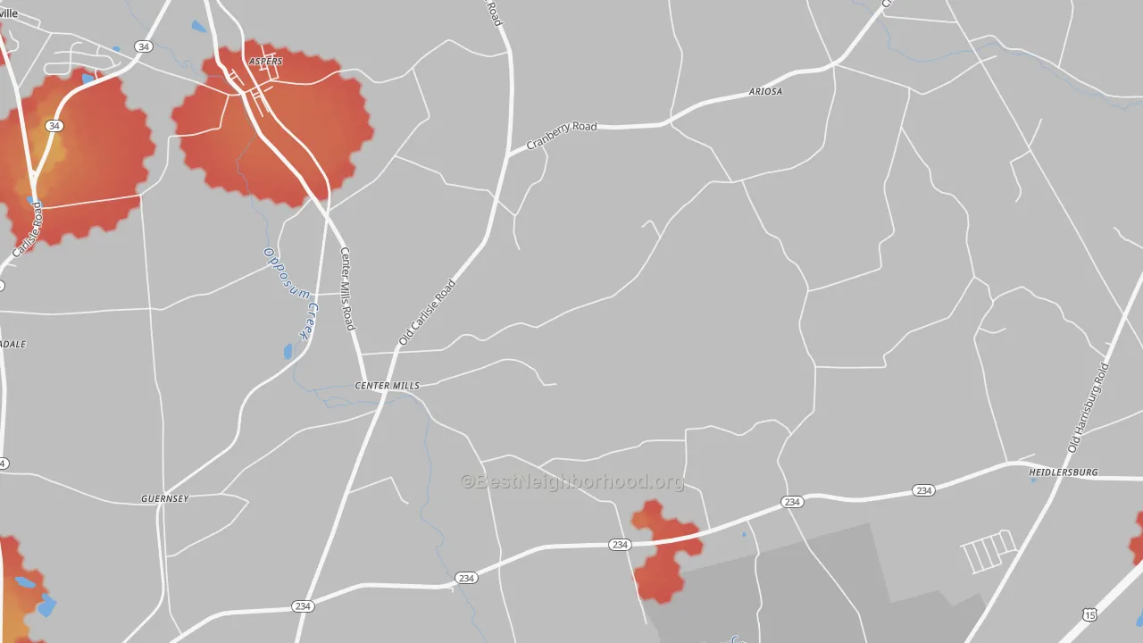 Walk Grade map of Center Mills, PA, walkable areas in green and car-dependent areas in red