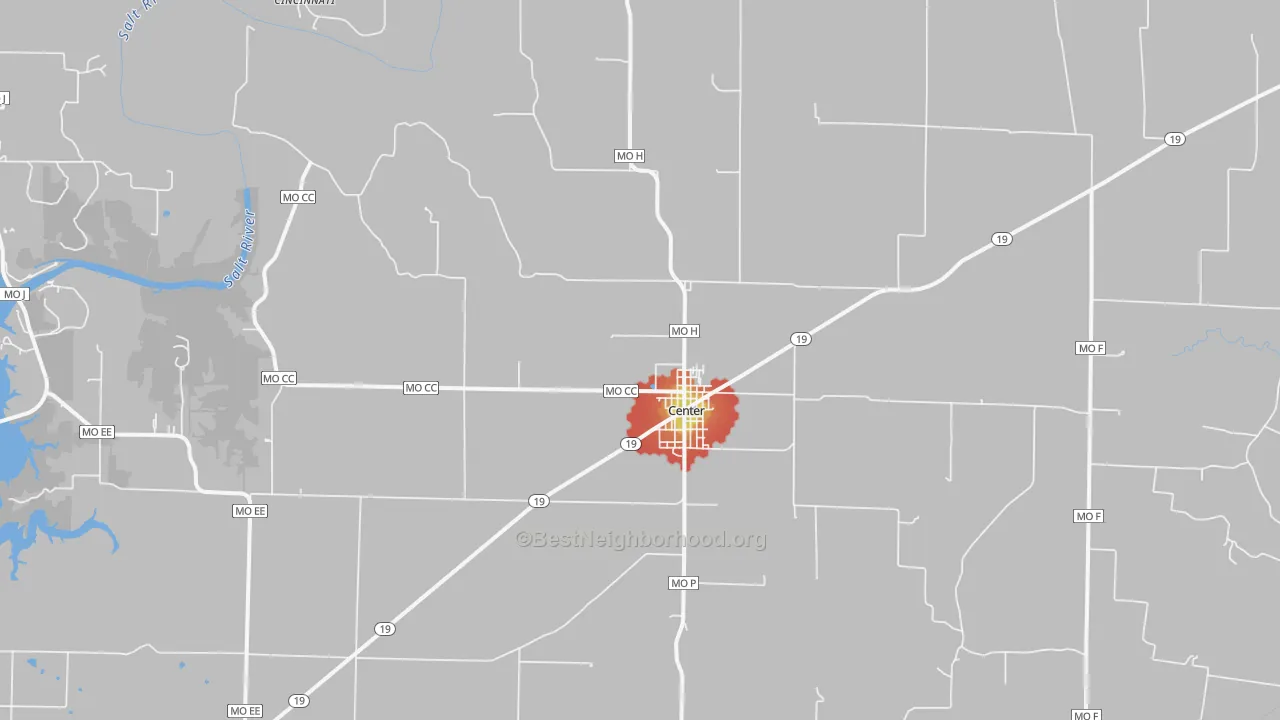 Walk Grade map of Center, MO, walkable areas in green and car-dependent areas in red