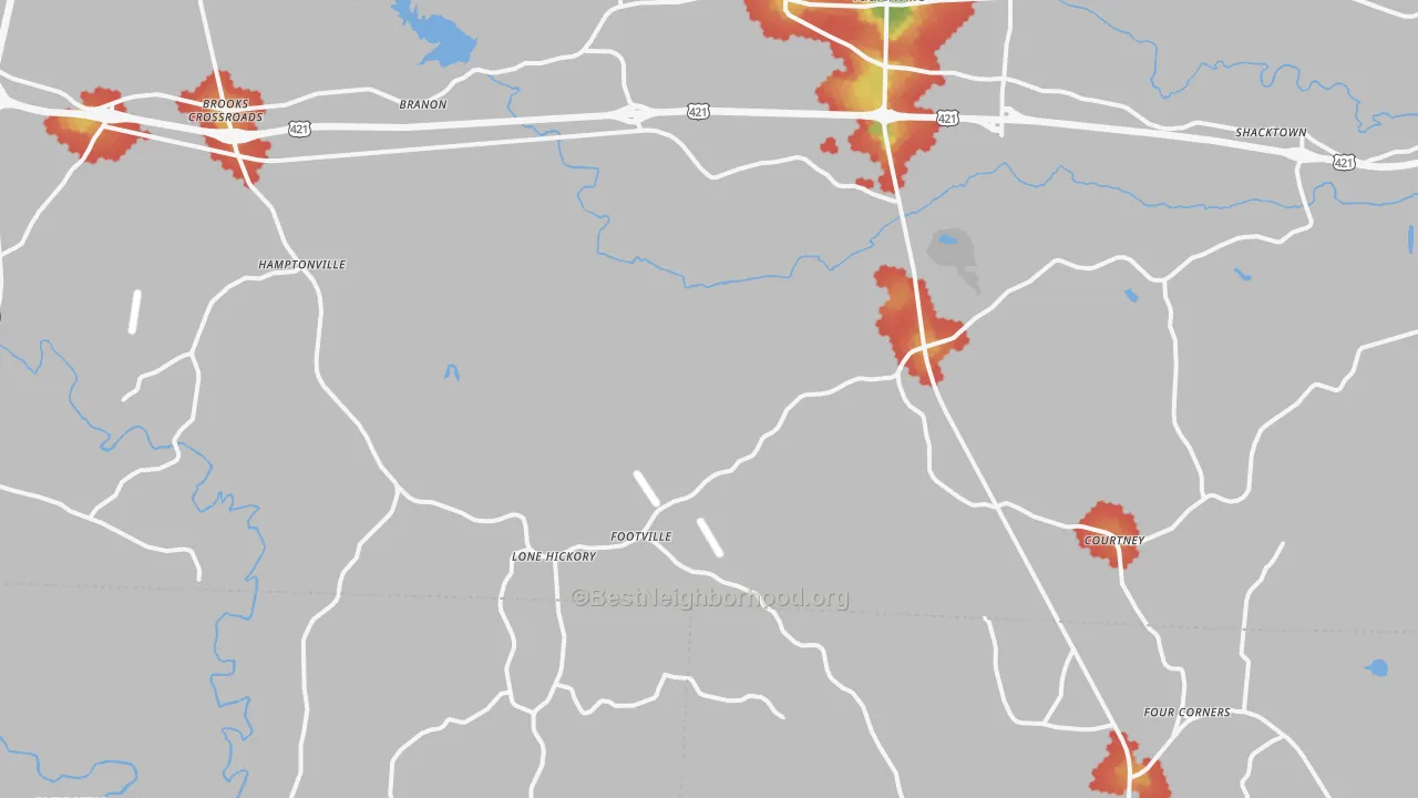 Walk Grade map of Center, NC, walkable areas in green and car-dependent areas in red