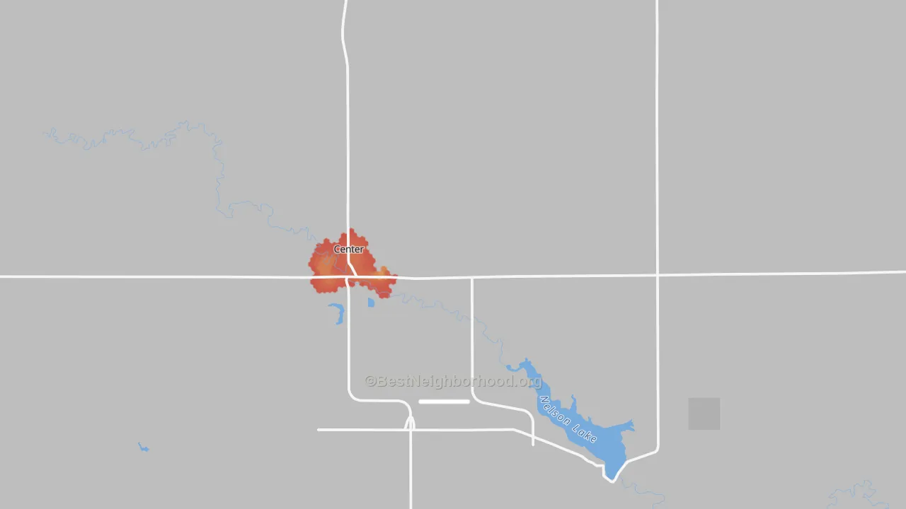 Walk Grade map of Center, ND, walkable areas in green and car-dependent areas in red