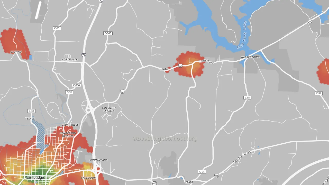 Walk Grade map of Center, OH, walkable areas in green and car-dependent areas in red