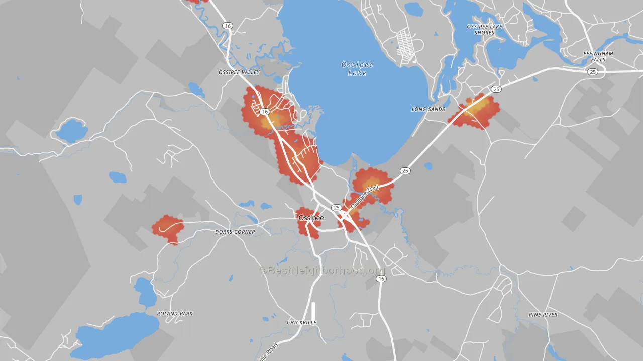 Walk Grade map of Center Ossipee, NH, walkable areas in green and car-dependent areas in red