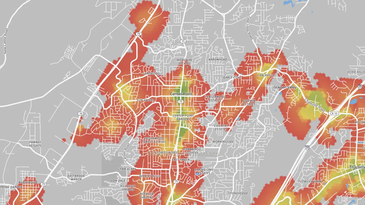 Walk Grade map of Center Point, AL, walkable areas in green and car-dependent areas in red