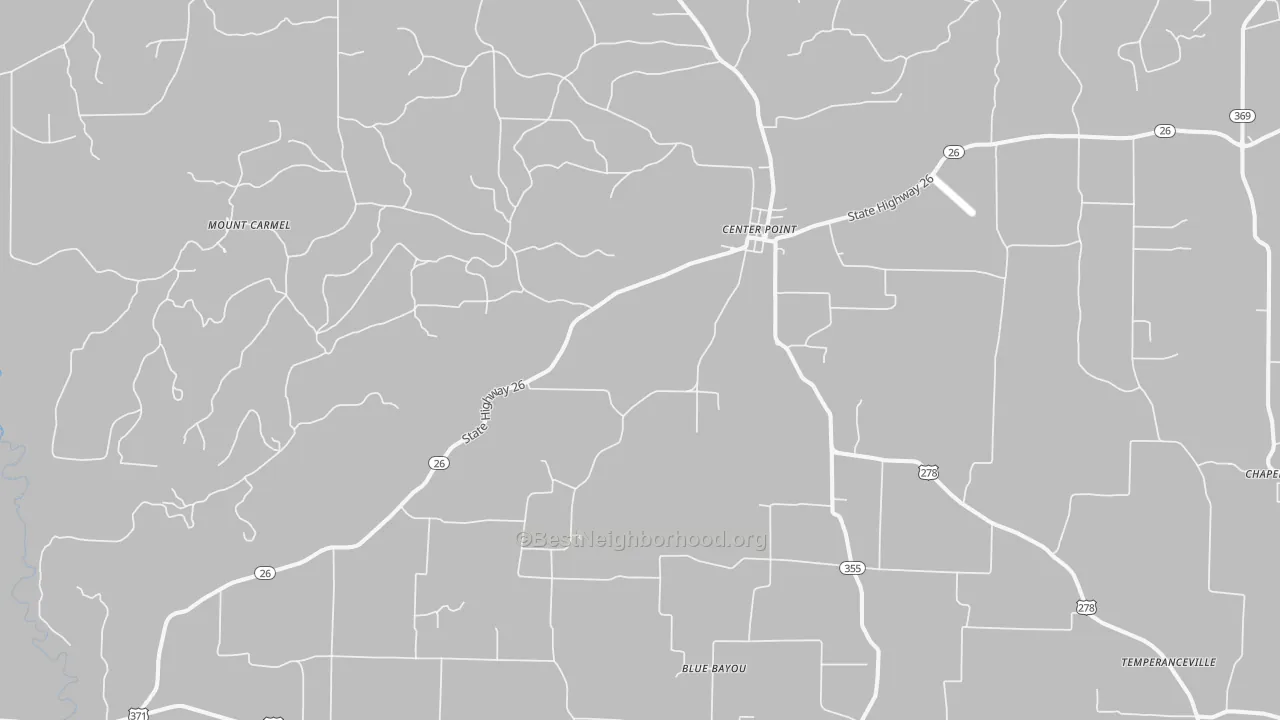 Walk Grade map of Center Point, AR, walkable areas in green and car-dependent areas in red