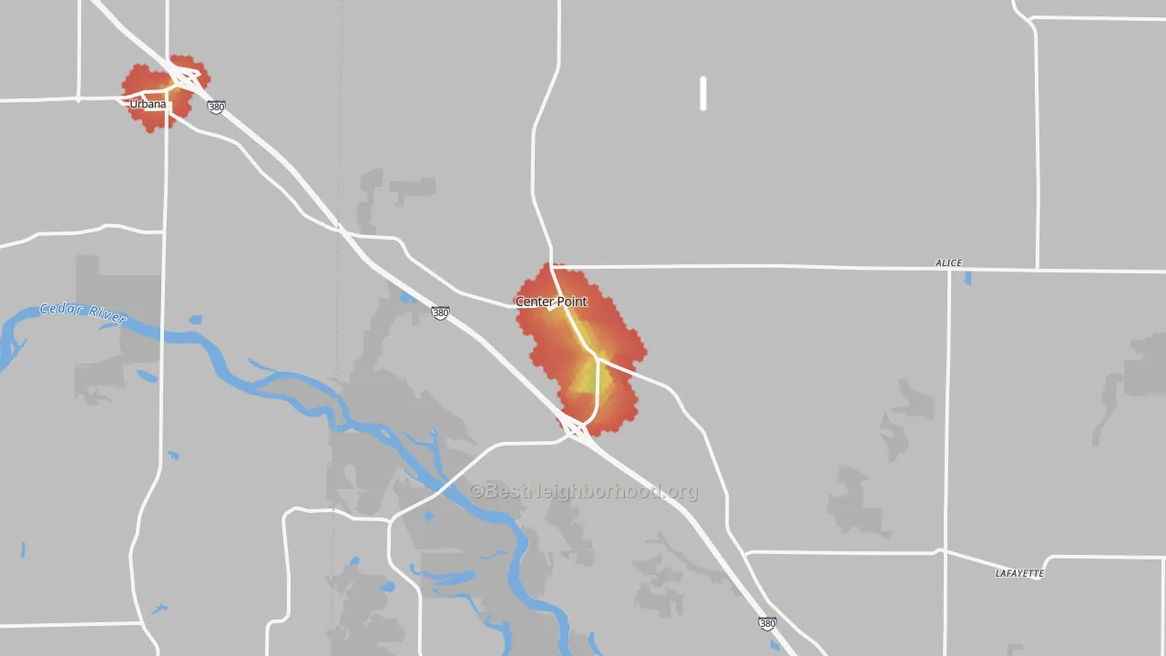 Walk Grade map of Center Point, IA, walkable areas in green and car-dependent areas in red