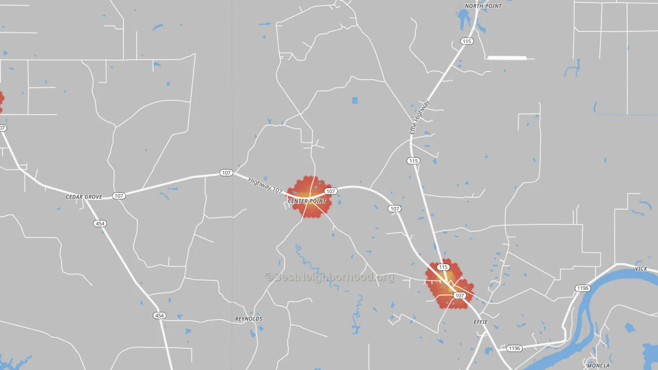 Walk Grade map of Center Point, LA, walkable areas in green and car-dependent areas in red