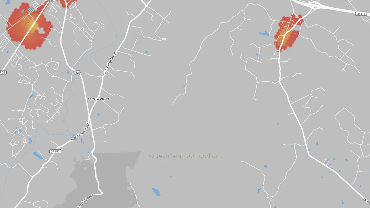 Walk Grade map of Center Point, TN, walkable areas in green and car-dependent areas in red
