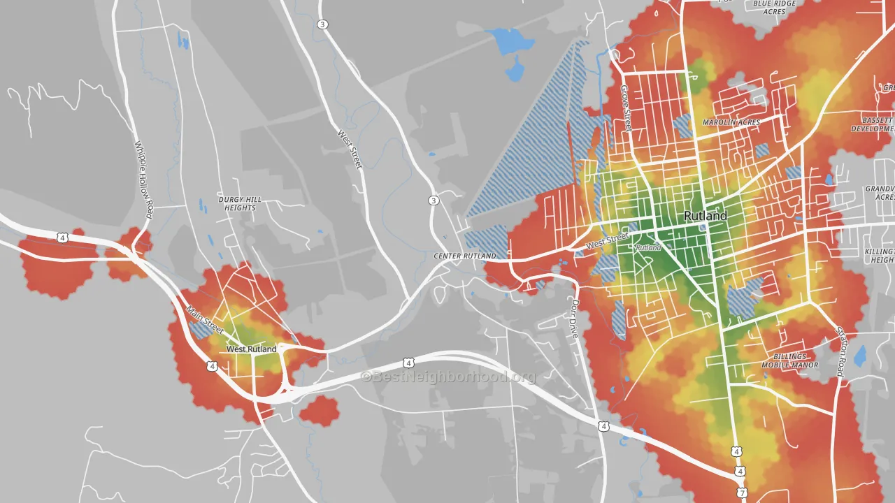 Walk Grade map of Center Rutland, VT, walkable areas in green and car-dependent areas in red