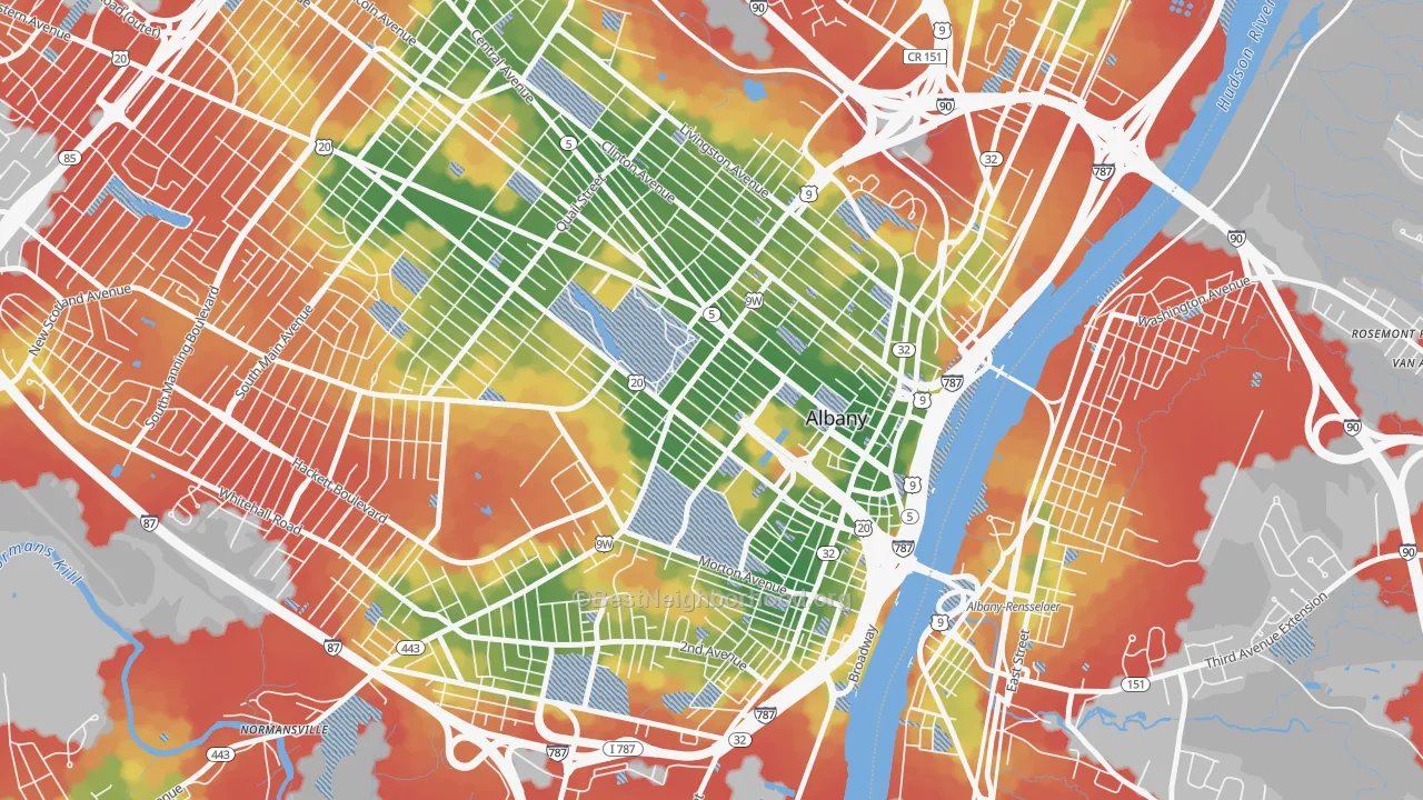 Walk Grade map of Center Square, Albany, NY, walkable areas in green and car-dependent areas in red
