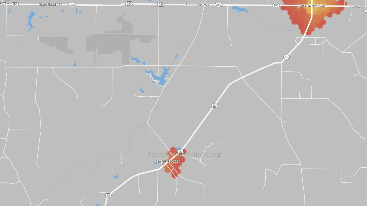 Walk Grade map of Center Square, IN, walkable areas in green and car-dependent areas in red
