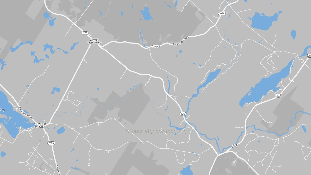 Walk Grade map of Center Strafford, NH, walkable areas in green and car-dependent areas in red