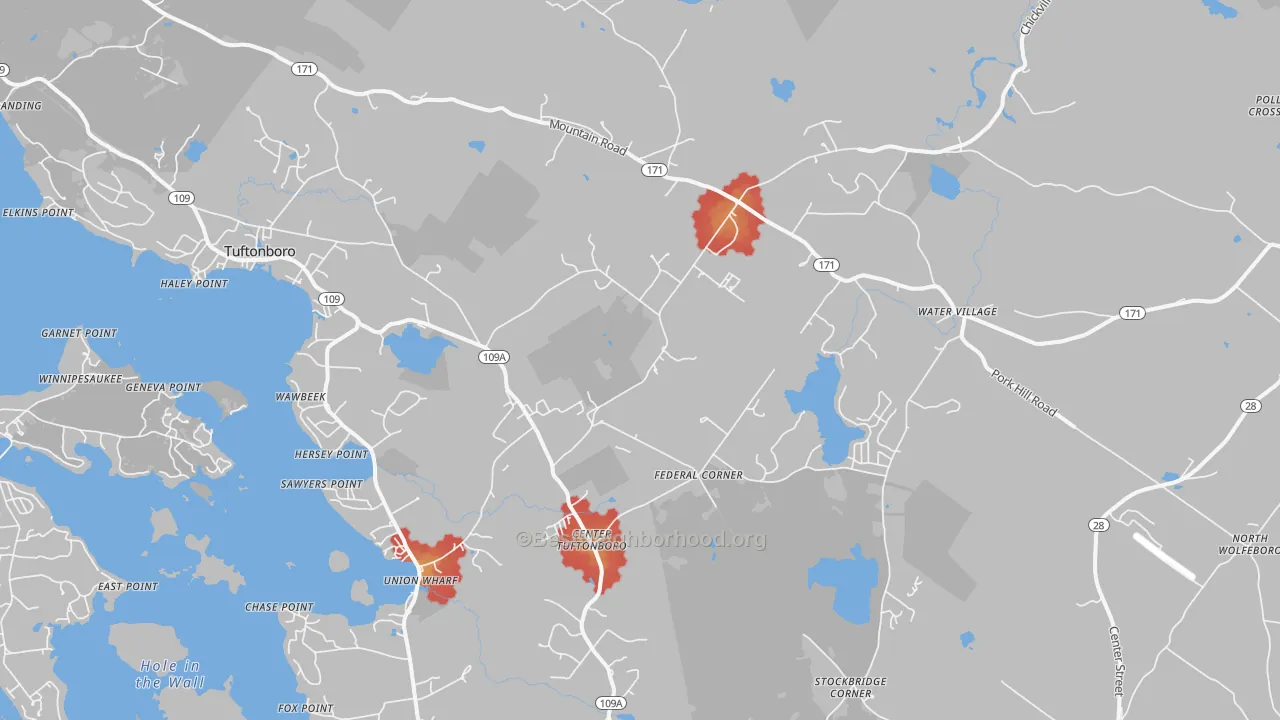 Walk Grade map of Center Tuftonboro, NH, walkable areas in green and car-dependent areas in red