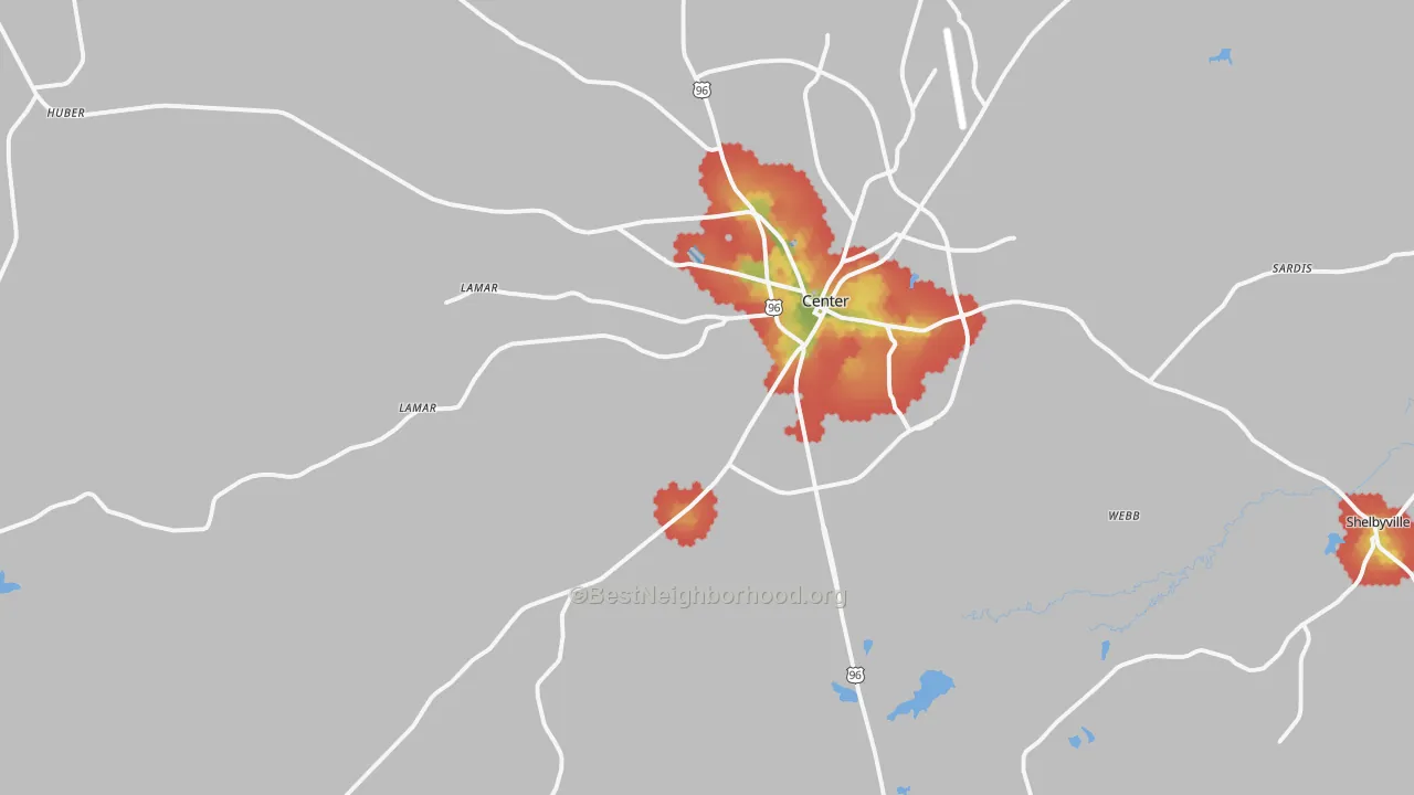 Walk Grade map of Center, TX, walkable areas in green and car-dependent areas in red