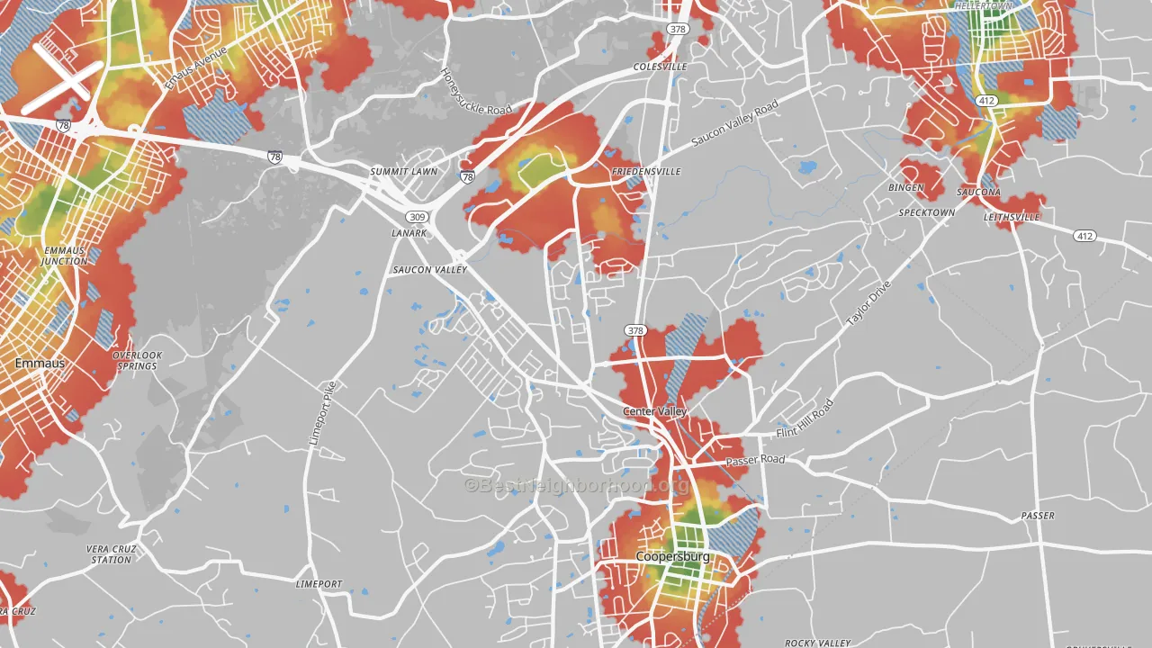 Walk Grade map of Center Valley, PA, walkable areas in green and car-dependent areas in red